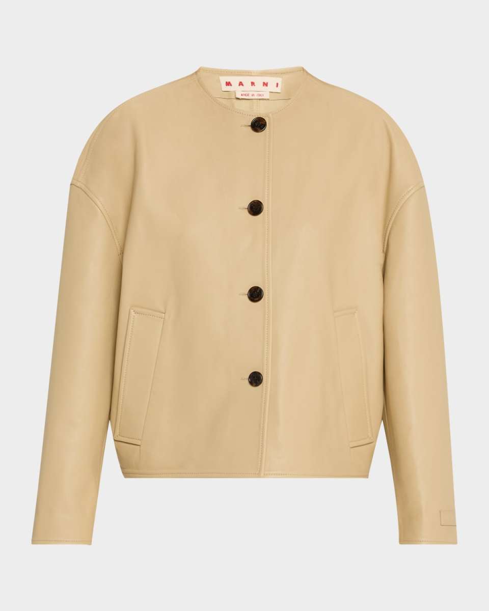 Leather Single-Breasted Collarless Jacket